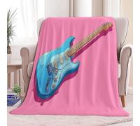 Cartoon Blue Electric Guitar Throw Blanket Ultra Soft Warm All Season Blankets, Pink Decorative Fleece Blankets for Bed Chair Car Sofa Couch Bedroom 180 x 220 cm