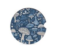 Cartoon Blue Mushroom Car Coasters for Cup Holder Wood Absorbent Cup Coaster 2.6 Inch Universal Non Slip Cork Base Drink Coaster Auto Interior Accessories for Women Men 1PCS