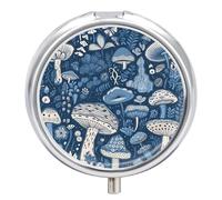 Cartoon Blue Mushroom Metal Pill Organizer, 3 Compartment Waterproof Pill Case with Mirror for Purse Pocket Bag, Daily Medicine Vitamin Holder, Portable Travel Med Container(Round)