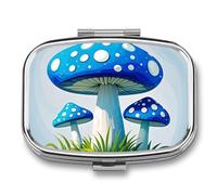 Cartoon Blue Mushroom Pill Box 2 Compartment Square Pill Box for Pocket Purse Portable Travel Medicine Tablet Vitamin Holder Organizer Mini Decorative Pill Case