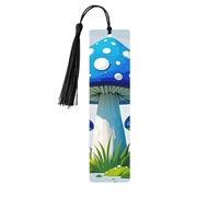 Cartoon Blue Mushroom Wooden Bookmarks 5pcs with Black Tassels Handmade Double-Sided Printed Book Marks Page Markers Book Accessories Gift for Book Lovers Women Men