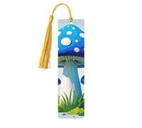 Cartoon Blue Mushroom Wooden Bookmarks 5pcs with Gold Tassels Handmade Double-Sided Printed Book Marks Page Markers Book Accessories Gift for Book Lovers Women Men