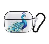 Cartoon Blue Peacock Airpod Pro Case AirPods 2 Case for Women Hard Shell Protective Cover with Carabiner Keychain Compatible with AirPods Case 2nd 1st Generation, Front LED Visible Black