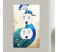 Cartoon Blue Peacock Duplex Receptacle Outlet Covers, 1-Gang Standard Size Wall Plates, Unbreakable Polycarbonate Dual Outlet Faceplates Covers For Kitchen Home Kids Room Decor 4.5" X 2.76"