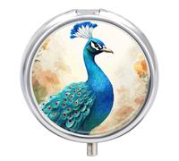 Cartoon Blue Peacock Pill Box 3 Compartment Portable Round Pill Organizer Leak-Proof Lightweight Daily Compact Travel Pill Case for Vitamins Supplements Medication