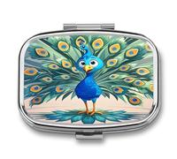 Cartoon Blue Peacock Pill Case Travel Portable Pocket Pill Box 2 Compartment Medicine Case Large Capacity Daily Pill Cases Vitamin Organizer Medicine Organizer Small Pill Box