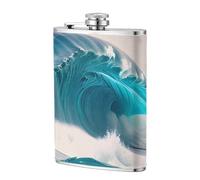 Cartoon Blue sea Wave 8oz Leather Hip Flask - Stainless Steel Whiskey Flask for Drinks, Pocket Liquor Set for Men Wedding Groomsman