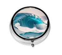 Cartoon Blue sea Wave Round Mini Pill Box: 3-Compartment Portable Metal Pill Organizer with Snap Closure, Ideal for Daily Travel Use