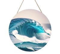 Cartoon Blue Sea Wave Round Wood Panel Painting 12in. Exquisite Artwork, Environmentally Friendly Wood, an Elegant Choice for Home Decoration.