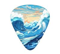 Cartoon Blue Waves printed guitar picks, 12-piece set with thin, medium, and thick styles, comes with a storage case