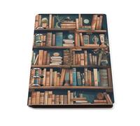 Cartoon Bookshelf Bookworm A5 Loose Leaf Notebook, Premium PU Leather Refillable 6-Ring Binder Journal, Durable Cover Lined Paper Lay Flat Design for Writing Journaling and Organization