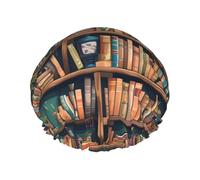 Cartoon Bookshelf Bookworm Double Layer Waterproof Shower Cap For Women, Reusable Bath Hat With Elastic Band, Keep Hair Dry For Shower And Skincare