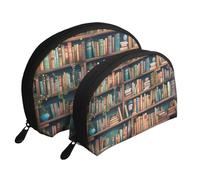 Cartoon Bookshelf Bookworm Portable Shell Cosmetic Bag Set - Travel Makeup Organiser with Zipper & Inner Compartments