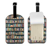 Cartoon Bookshelf Bookworm Printed Leather Luggage Tag, Durable Baggage Identifier, Soft PU ID Label, for Business Travel