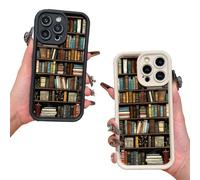 Cartoon Bookshelf Phone Case, Cartoon Bookshelf Pattern TPU Phone Case, Mini Bookshelf Silicone Protective Cover for 13/14/15/16 Pro Max Series(Black+White,For 14Pro)