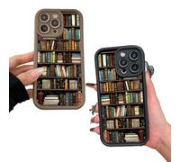 Cartoon Bookshelf Phone Case, Cartoon Bookshelf Pattern TPU Phone Case, Mini Bookshelf Silicone Protective Cover for 13/14/15/16 Pro Max Series(Black+Brown,For 12Pro)