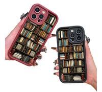 Cartoon Bookshelf Phone Case, Cartoon Bookshelf Pattern TPU Phone Case, Mini Bookshelf Silicone Protective Cover for 13/14/15/16 Pro Max Series(Black+Red,For 15)