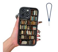 Cartoon Bookshelf Phone Case, Cartoon Bookshelf Pattern TPU Phone Case, Mini Bookshelf Silicone Protective Cover for 13/14/15/16 Pro Max Series(Black,For 16Pro)
