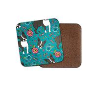 Cartoon Boston Terrier Dog Coaster - Pink Flowers Kid's Animals #16612