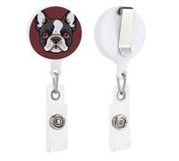 Cartoon Boston Terrier Face Retractable Badge Reel - Personalized ID Name Badge Holder with Lanyard Cute Badges Reel Holder Round Nurse Doctor Name Tag Badges Clip for Work