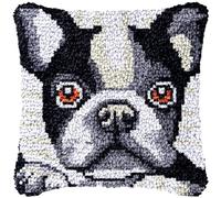 Cartoon Boston Terrier Latch Hook Kits Pillow with Printed Canvas Cushion Crochet Yarn DIY Hook and Latch Kit Pillowcase Christmas Decoration 43x43cm