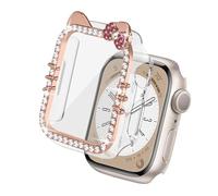 Cartoon Bow Cat Bling Case for Apple Watch Ultra 3/2/1 49mm with Tempered Glass Screen Protector, Crystal Diamond Full Cover Protective Case for iwatch Accessories Women,49mm Rosy Gold