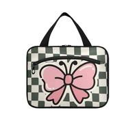 Cartoon Bow Tie Plaid Pink Hanging toiletries Travel Bag Women with Hook, Designer Multifunctional Hanging Toiletry Bags for Trip Essentials Gym estuche para brochas maquillaje L