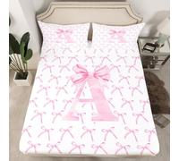Cartoon Bowknot Kids Fitted Sheet Single Size,Pink Bow Tie Letter A Knot Princess Bedding Set,Girls Women Room Decor,Watercolor Bow Patchwork Pink White Bed Sheet,1 Pillowcase(No Flat)