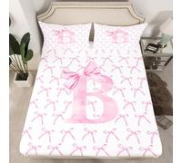 Cartoon Bowknot Kids Fitted Sheet Single Size,Pink Bow Tie Letter B Knot Princess Bedding Set,Girls Women Room Decor,Watercolor Bow Patchwork Pink White Bed Sheet,1 Pillowcase(No Flat)