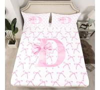 Cartoon Bowknot Kids Fitted Sheet Single Size,Pink Bow Tie Letter D Knot Princess Bedding Set,Girls Women Room Decor,Watercolor Bow Patchwork Pink White Bed Sheet,1 Pillowcase(No Flat)