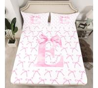 Cartoon Bowknot Kids Fitted Sheet Single Size,Pink Bow Tie Letter E Knot Princess Bedding Set,Girls Women Room Decor,Watercolor Bow Patchwork Pink White Bed Sheet,1 Pillowcase(No Flat)