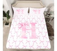 Cartoon Bowknot Kids Fitted Sheet Single Size,Pink Bow Tie Letter H Knot Princess Bedding Set,Girls Women Room Decor,Watercolor Bow Patchwork Pink White Bed Sheet,1 Pillowcase(No Flat)