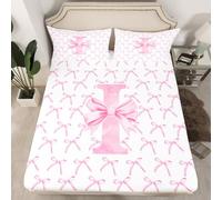 Cartoon Bowknot Kids Fitted Sheet Single Size,Pink Bow Tie Letter I Knot Princess Bedding Set,Girls Women Room Decor,Watercolor Bow Patchwork Pink White Bed Sheet,1 Pillowcase(No Flat)