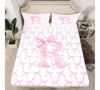 Cartoon Bowknot Kids Fitted Sheet Single Size,Pink Bow Tie Letter R Knot Princess Bedding Set,Girls Women Room Decor,Watercolor Bow Patchwork Pink White Bed Sheet,1 Pillowcase(No Flat)