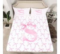 Cartoon Bowknot Kids Fitted Sheet Single Size,Pink Bow Tie Letter S Knot Princess Bedding Set,Girls Women Room Decor,Watercolor Bow Patchwork Pink White Bed Sheet,1 Pillowcase(No Flat)