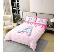 Cartoon Bowknot Love Heart Girls Bedding Set Single Size 100% Cotton,Doughnut Letter A Bow Knot Princess Duvet Cover Set,Donut Ice Cream Bow Tie Quilt Cover,Pink Blue,1 Pillowcase(No Comforter)