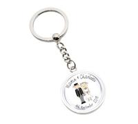 Cartoon Bride & Groom Wedding Design Metal Round Keyring Personalised with Names & Date and Short Message on the Back, in a Gift Bag