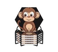 Cartoon Brown Monkey Coasters Set of 6 Ceramic Coaster with Holder Absorbent Coasters for Drinks Heat Resistant Coffee Table Coasters Cup Pad for Kitchen Office Home Decoration