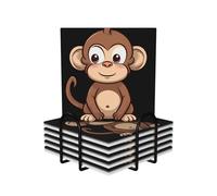 Cartoon Brown Monkey Coasters Set of 6 Ceramic Coaster with Holder Absorbent Coasters for Drinks Heat Resistant Coffee Table Coasters Cup Pad for Kitchen Office Home Decoration