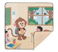 Cartoon Brown Monkey School Soft Foam Baby Play mat Activity Gym for Indoor Outdoor Water Resistant Foldable Baby Kick Crawling Mat for Baby Toddler Infant, 50'' x 50''gimnasio para Bebes