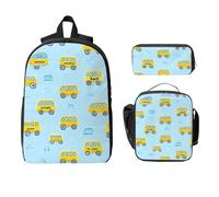 Cartoon Bus Backpack Set for Girls Boys with Lunch Bag Pencil Case Cute Car 3 Pieces School Bags Insulated Lunchbox Gifts for Women Men