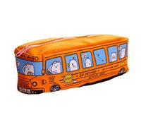 Cartoon Bus Pen Bag Canvas Pencil Pouches Big Capacity Zippered Pen Case Travel Stationeries Bag for Student Kid School, Orange Color