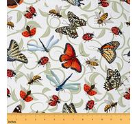 Cartoon Butterfly Fabric by The Yard Wild Dragonfly Cute Ladybug Fabric for Sewing Supplies Natural Creature Plants Rustic Style Fabric for DIY Upholstery and Home Accents 1 Yard