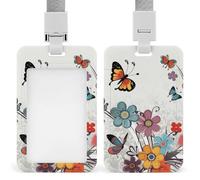 Cartoon Butterfly Flowers Id Badge Holder with Lanyard, Clear Vertical Card Protector Waterproof, Breakaway Safety Neck Strap, Heavy Duty Name Tag Holder for Nurse Teacher Officer Staff Women Men