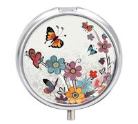 Cartoon Butterfly Flowers Metal Pill Organizer, 3 Compartment Waterproof Pill Case with Mirror for Purse Pocket Bag, Daily Medicine Vitamin Holder, Portable Travel Med Container(Round)