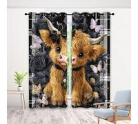 Cartoon Calf Curtains 54 Inch 2 Panels, Butterfly Black Flower 3D Pattern Drapes with Eyelet Thermal Insulated Curtain, Cute Farm Animal Blackout Curtains for Bedroom Living Room, 46" x 54"
