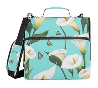 Cartoon Calla Lily Flower Teal 1.5-Inch 3-Rings School Zipper Binder with Shoulder Strap Laege Capacity Portable Home Travel Safe Storage Bag for Middle School