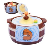 Cartoon Capybara Ceramic Noodles Bowl - Large Ramen Bowls, Microwaveable Soup Cups with Lids | Breakfast Cereal Bowls with Handles, Large Capacity Dishware for Boys, Girls & Kitchen Use