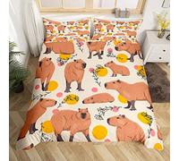 Cartoon Capybara Duvet Cover for Kids,Cute Brown Capybaras Comforter Cover Super King for Teens Boys Girls Room Decor,Funny Doodle Plants Dots Design Bedding Set Microfibre Soft Bedspread Cover 3Pcs