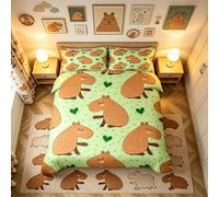 Cartoon Capybara Duvet Cover Set Single Size, Cute Animals Comforter Cover with 1 Pillowcase, Green Hearts Dots Print Bedding Set 2pcs for Kids Boys Girls Room Decor Lightweight Bedspread Cover